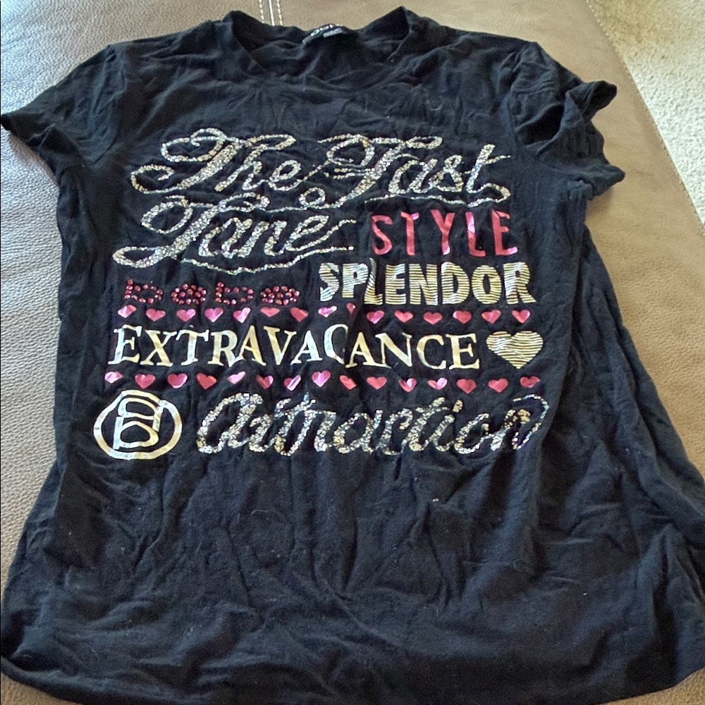 bebe Black Graphic Tee with Pink and Silver Accents